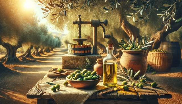 Flasche kaltgepresstes Olivenöl mit frischen Oliven und Olivenzweigen.